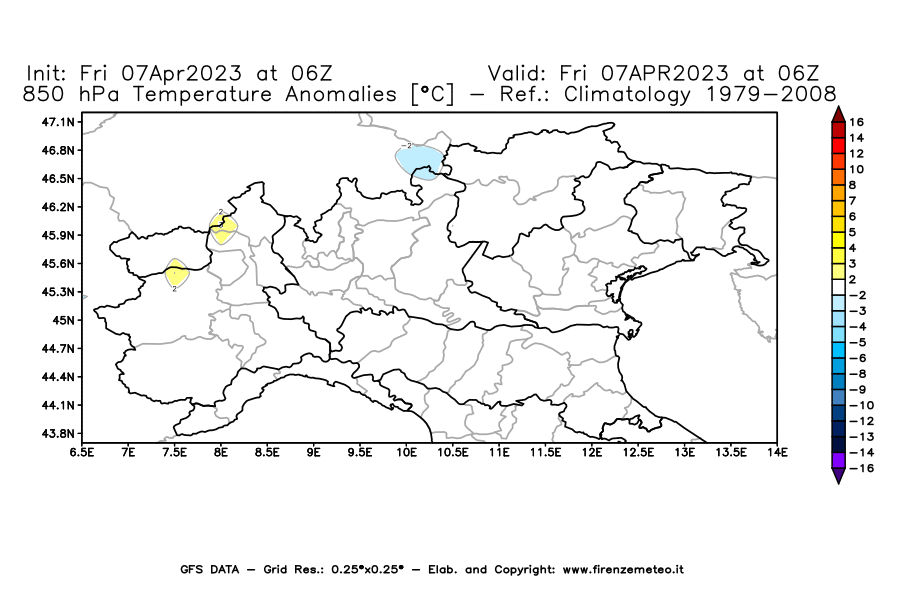 Mappa di analisi GFS - Anomalia Temperatura [°C] a 850 hPa in Nord-Italia
							del 07/04/2023 06 <!--googleoff: index-->UTC<!--googleon: index-->