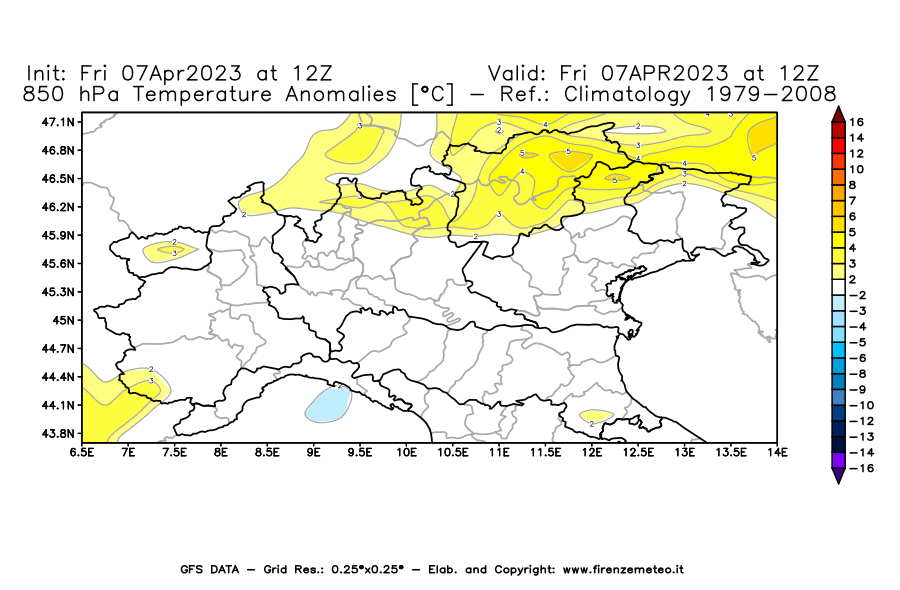 Mappa di analisi GFS - Anomalia Temperatura [°C] a 850 hPa in Nord-Italia
							del 07/04/2023 12 <!--googleoff: index-->UTC<!--googleon: index-->