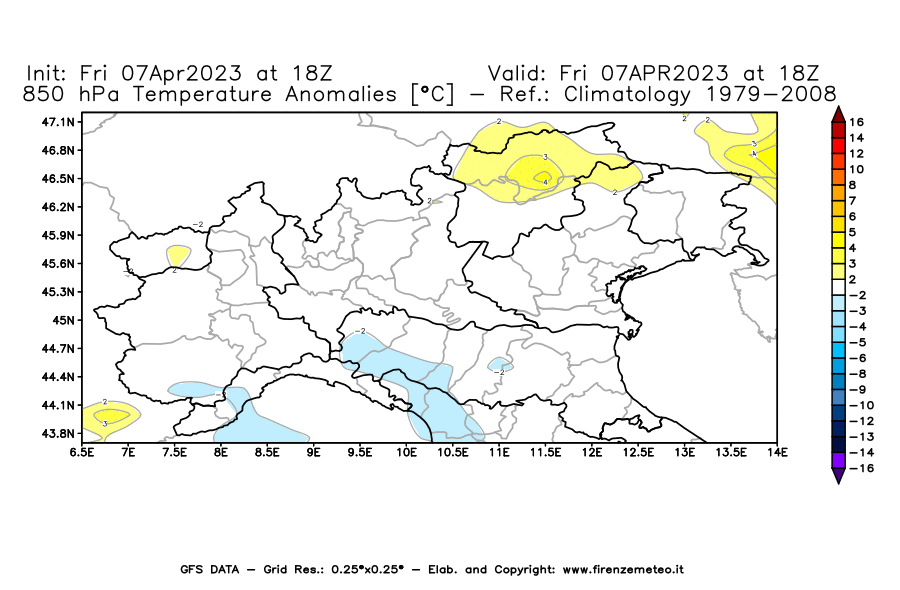Mappa di analisi GFS - Anomalia Temperatura [°C] a 850 hPa in Nord-Italia
							del 07/04/2023 18 <!--googleoff: index-->UTC<!--googleon: index-->