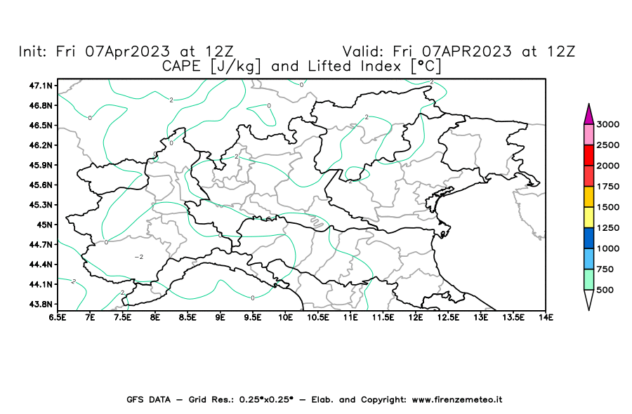 Mappa di analisi GFS - CAPE [J/kg] e Lifted Index [°C] in Nord-Italia
							del 07/04/2023 12 <!--googleoff: index-->UTC<!--googleon: index-->