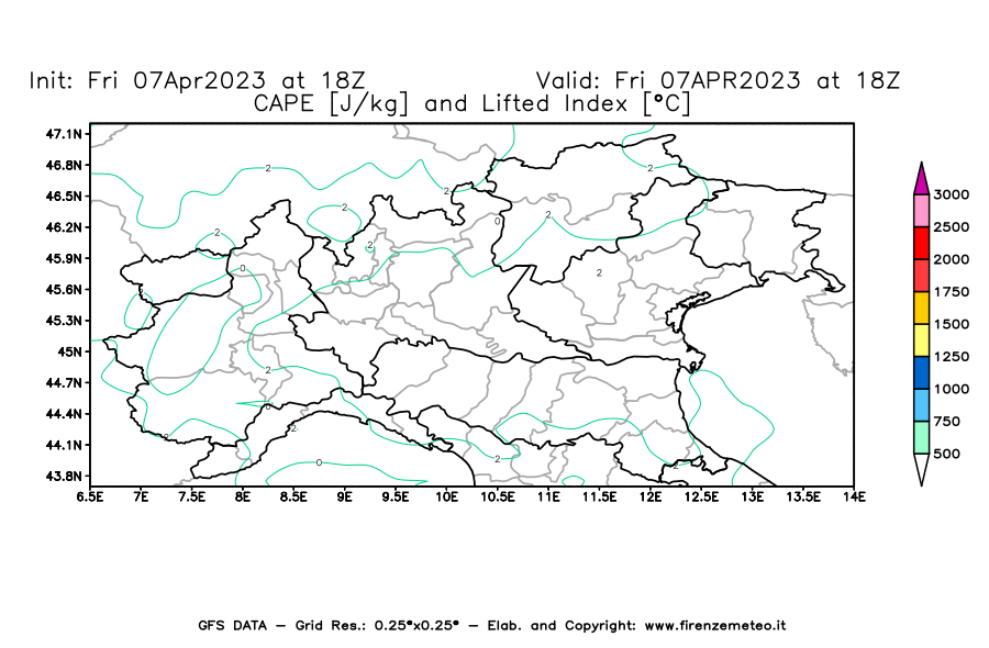 Mappa di analisi GFS - CAPE [J/kg] e Lifted Index [°C] in Nord-Italia
							del 07/04/2023 18 <!--googleoff: index-->UTC<!--googleon: index-->