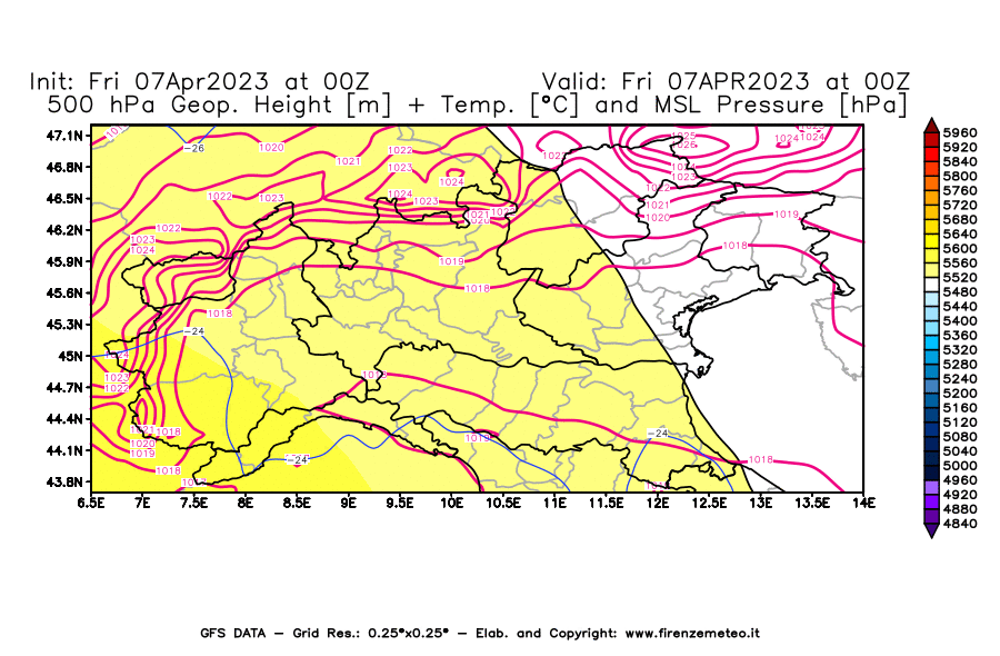 Mappa di analisi GFS - Geopotenziale [m] + Temp. [°C] a 500 hPa + Press. a livello del mare [hPa] in Nord-Italia
							del 07/04/2023 00 <!--googleoff: index-->UTC<!--googleon: index-->