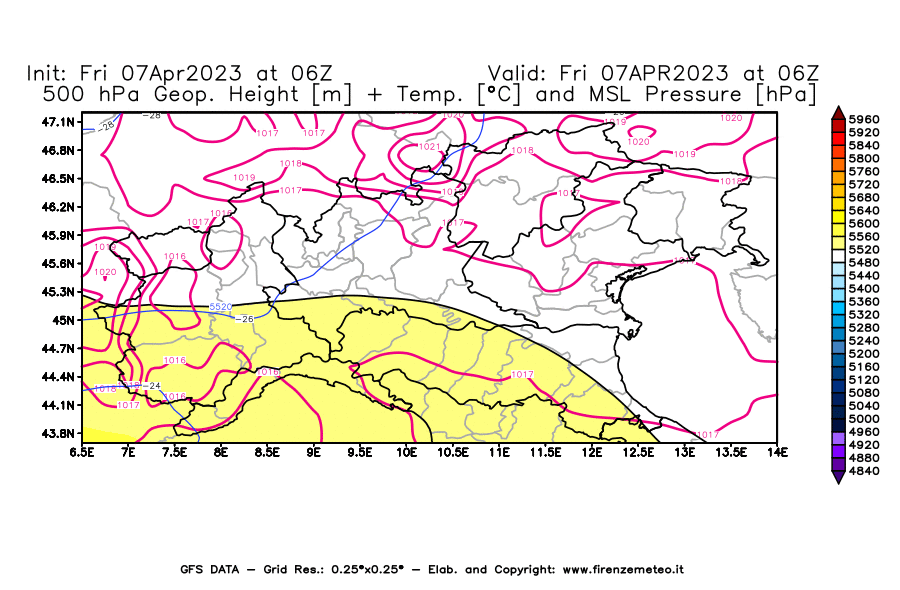 Mappa di analisi GFS - Geopotenziale [m] + Temp. [°C] a 500 hPa + Press. a livello del mare [hPa] in Nord-Italia
							del 07/04/2023 06 <!--googleoff: index-->UTC<!--googleon: index-->