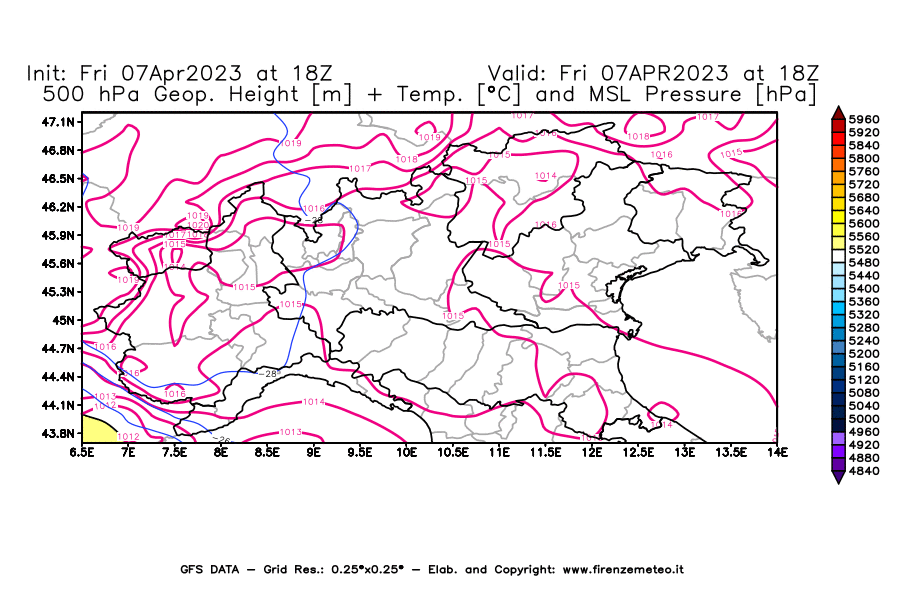 Mappa di analisi GFS - Geopotenziale [m] + Temp. [°C] a 500 hPa + Press. a livello del mare [hPa] in Nord-Italia
							del 07/04/2023 18 <!--googleoff: index-->UTC<!--googleon: index-->