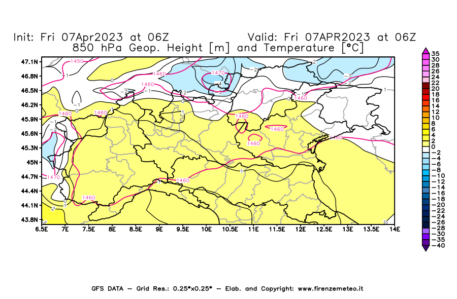 Mappa di analisi GFS - Geopotenziale [m] e Temperatura [°C] a 850 hPa in Nord-Italia
							del 07/04/2023 06 <!--googleoff: index-->UTC<!--googleon: index-->