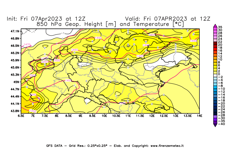 Mappa di analisi GFS - Geopotenziale [m] e Temperatura [°C] a 850 hPa in Nord-Italia
							del 07/04/2023 12 <!--googleoff: index-->UTC<!--googleon: index-->