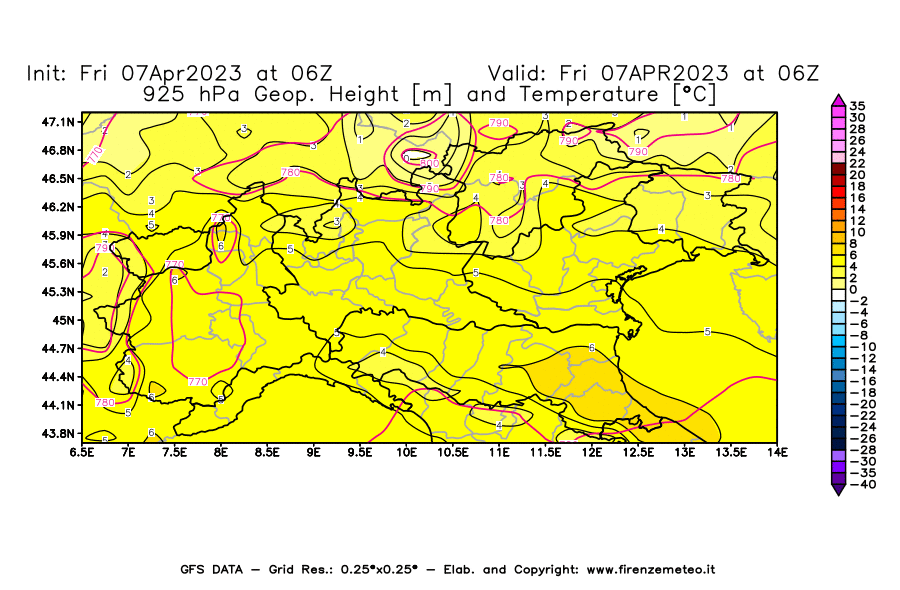 Mappa di analisi GFS - Geopotenziale [m] e Temperatura [°C] a 925 hPa in Nord-Italia
							del 07/04/2023 06 <!--googleoff: index-->UTC<!--googleon: index-->