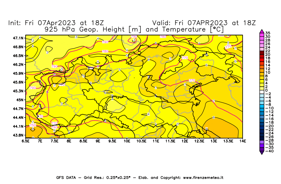 Mappa di analisi GFS - Geopotenziale [m] e Temperatura [°C] a 925 hPa in Nord-Italia
							del 07/04/2023 18 <!--googleoff: index-->UTC<!--googleon: index-->