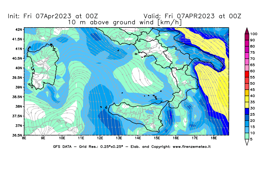 Mappa di analisi GFS - Velocità del vento a 10 metri dal suolo [km/h] in Sud-Italia
							del 07/04/2023 00 <!--googleoff: index-->UTC<!--googleon: index-->