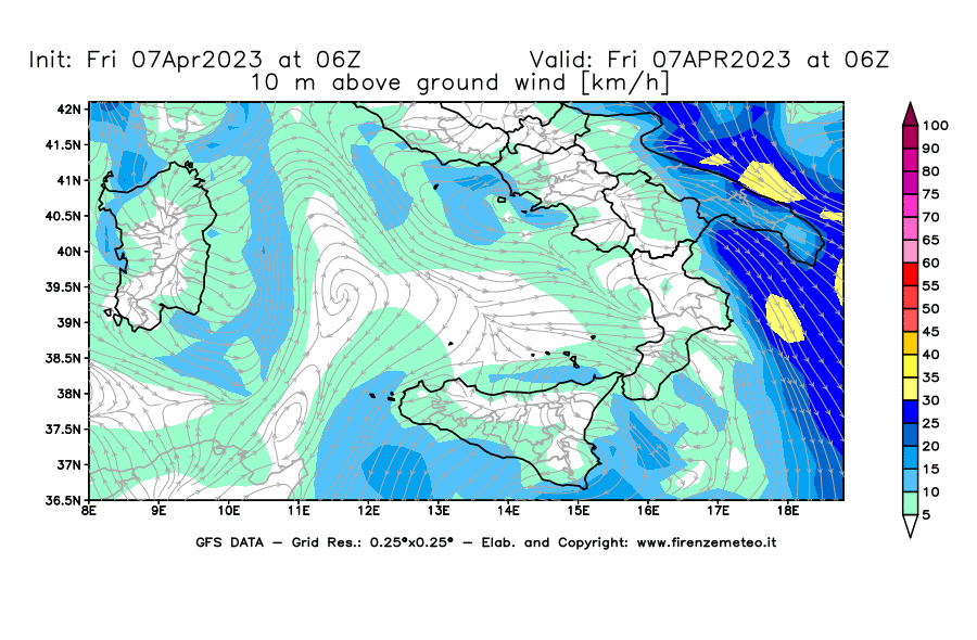 Mappa di analisi GFS - Velocità del vento a 10 metri dal suolo [km/h] in Sud-Italia
							del 07/04/2023 06 <!--googleoff: index-->UTC<!--googleon: index-->