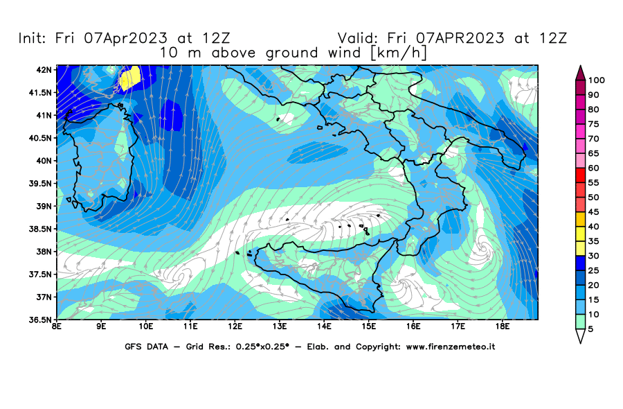 Mappa di analisi GFS - Velocità del vento a 10 metri dal suolo [km/h] in Sud-Italia
							del 07/04/2023 12 <!--googleoff: index-->UTC<!--googleon: index-->