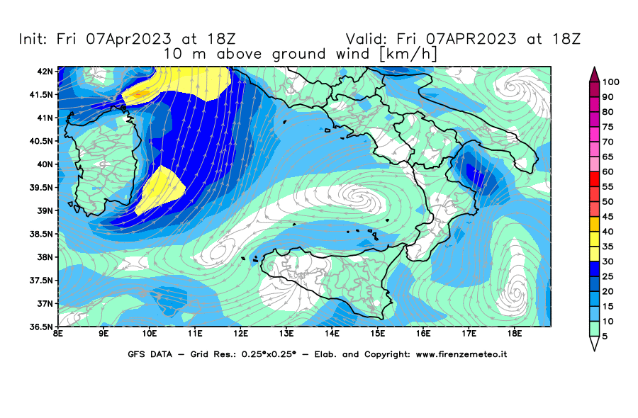 Mappa di analisi GFS - Velocità del vento a 10 metri dal suolo [km/h] in Sud-Italia
							del 07/04/2023 18 <!--googleoff: index-->UTC<!--googleon: index-->