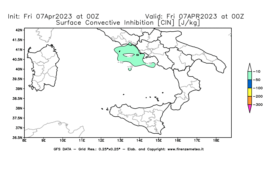 Mappa di analisi GFS - CIN [J/kg] in Sud-Italia
							del 07/04/2023 00 <!--googleoff: index-->UTC<!--googleon: index-->