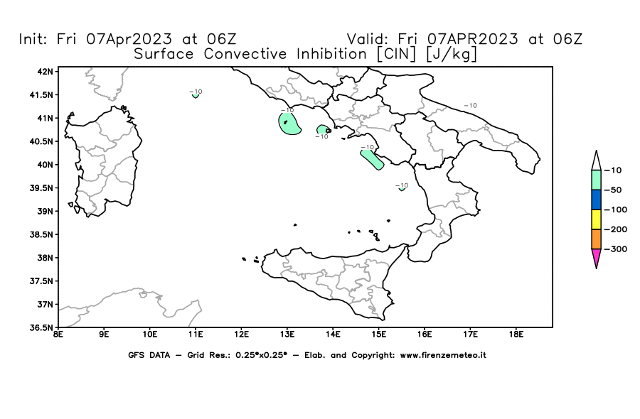Mappa di analisi GFS - CIN [J/kg] in Sud-Italia
							del 07/04/2023 06 <!--googleoff: index-->UTC<!--googleon: index-->