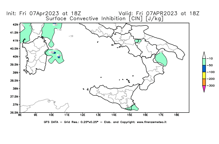 Mappa di analisi GFS - CIN [J/kg] in Sud-Italia
							del 07/04/2023 18 <!--googleoff: index-->UTC<!--googleon: index-->