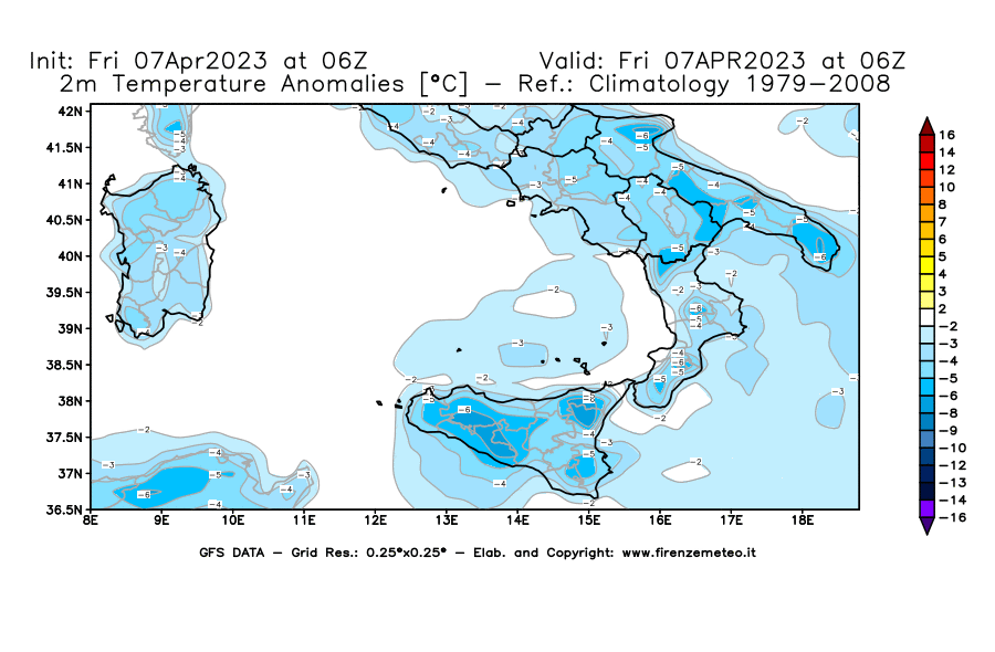 Mappa di analisi GFS - Anomalia Temperatura [°C] a 2 m in Sud-Italia
							del 07/04/2023 06 <!--googleoff: index-->UTC<!--googleon: index-->