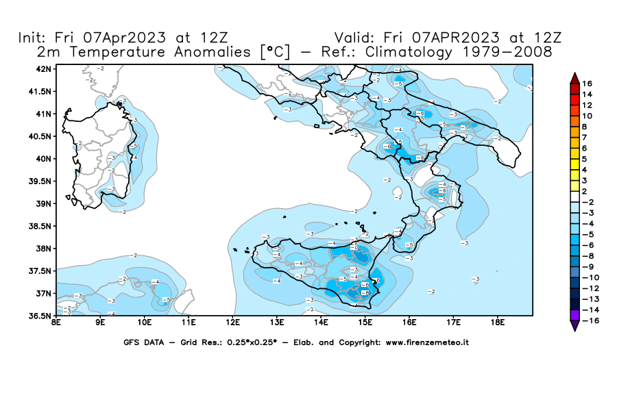 Mappa di analisi GFS - Anomalia Temperatura [°C] a 2 m in Sud-Italia
							del 07/04/2023 12 <!--googleoff: index-->UTC<!--googleon: index-->