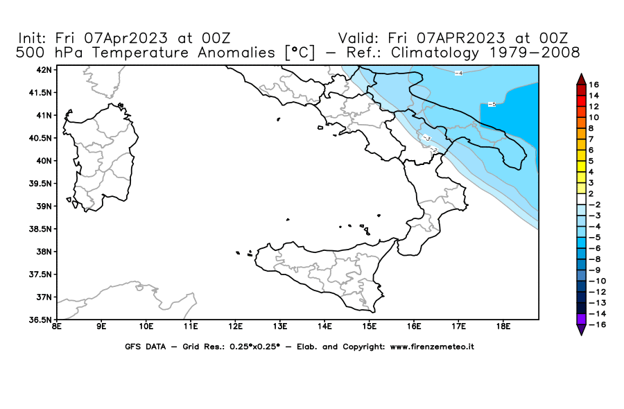 Mappa di analisi GFS - Anomalia Temperatura [°C] a 500 hPa in Sud-Italia
							del 07/04/2023 00 <!--googleoff: index-->UTC<!--googleon: index-->