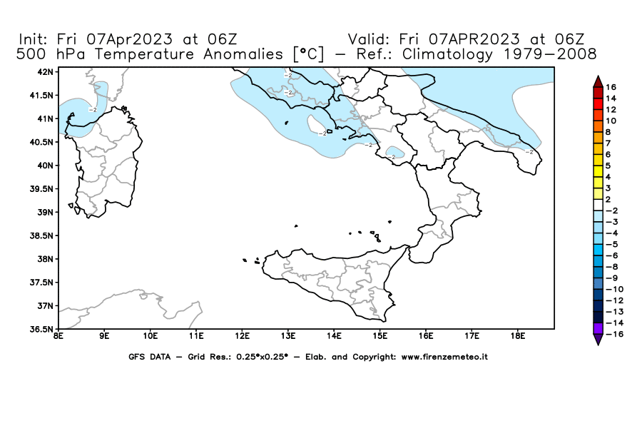 Mappa di analisi GFS - Anomalia Temperatura [°C] a 500 hPa in Sud-Italia
							del 07/04/2023 06 <!--googleoff: index-->UTC<!--googleon: index-->