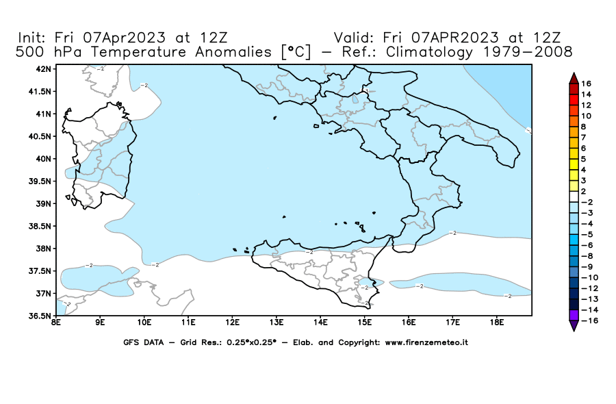 Mappa di analisi GFS - Anomalia Temperatura [°C] a 500 hPa in Sud-Italia
							del 07/04/2023 12 <!--googleoff: index-->UTC<!--googleon: index-->