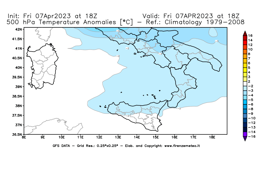 Mappa di analisi GFS - Anomalia Temperatura [°C] a 500 hPa in Sud-Italia
							del 07/04/2023 18 <!--googleoff: index-->UTC<!--googleon: index-->