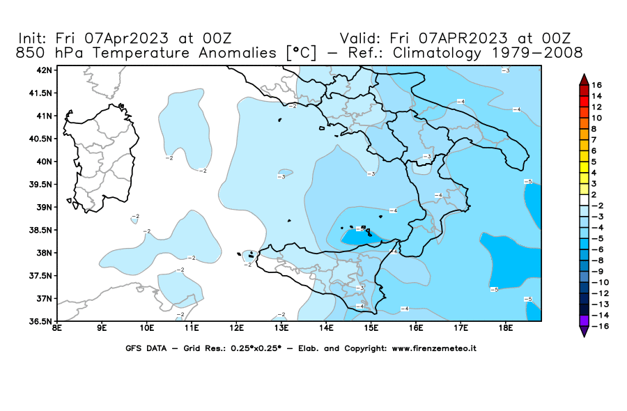 Mappa di analisi GFS - Anomalia Temperatura [°C] a 850 hPa in Sud-Italia
							del 07/04/2023 00 <!--googleoff: index-->UTC<!--googleon: index-->
