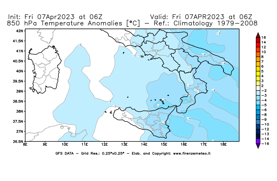 Mappa di analisi GFS - Anomalia Temperatura [°C] a 850 hPa in Sud-Italia
							del 07/04/2023 06 <!--googleoff: index-->UTC<!--googleon: index-->