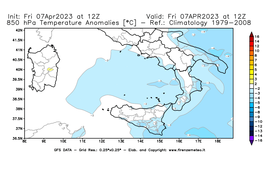 Mappa di analisi GFS - Anomalia Temperatura [°C] a 850 hPa in Sud-Italia
							del 07/04/2023 12 <!--googleoff: index-->UTC<!--googleon: index-->