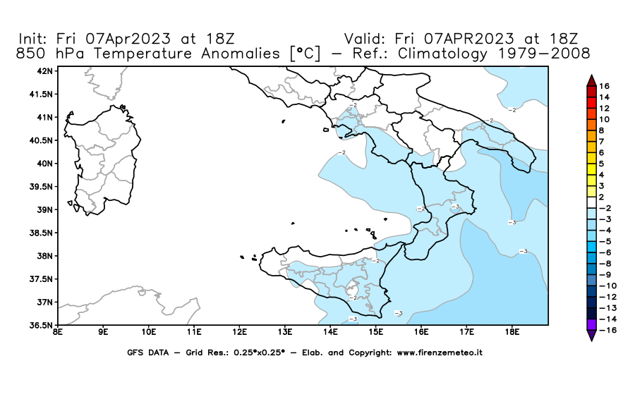 Mappa di analisi GFS - Anomalia Temperatura [°C] a 850 hPa in Sud-Italia
							del 07/04/2023 18 <!--googleoff: index-->UTC<!--googleon: index-->