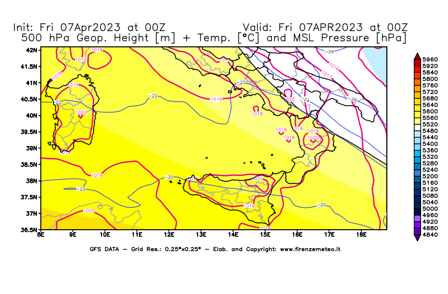Mappa di analisi GFS - Geopotenziale [m] + Temp. [°C] a 500 hPa + Press. a livello del mare [hPa] in Sud-Italia
							del 07/04/2023 00 <!--googleoff: index-->UTC<!--googleon: index-->