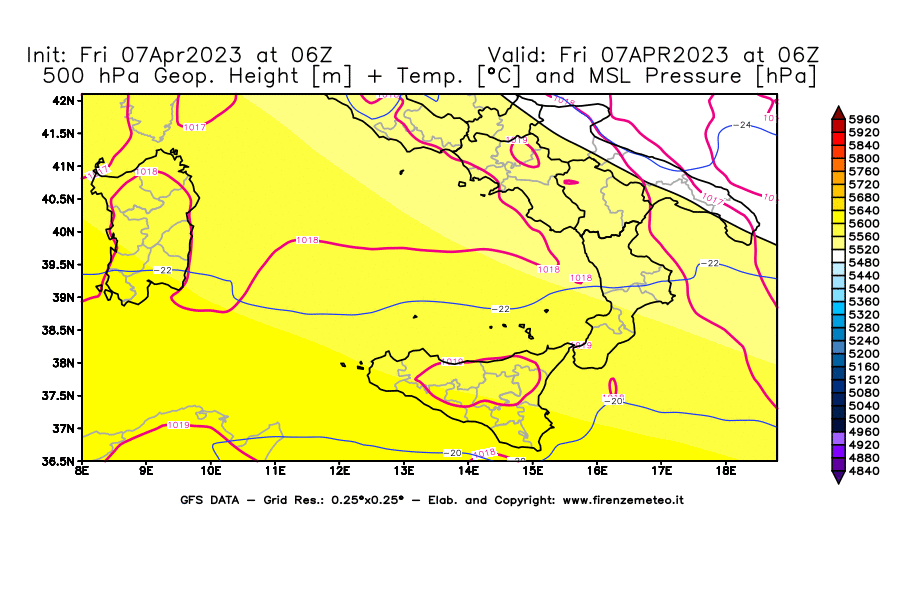Mappa di analisi GFS - Geopotenziale [m] + Temp. [°C] a 500 hPa + Press. a livello del mare [hPa] in Sud-Italia
							del 07/04/2023 06 <!--googleoff: index-->UTC<!--googleon: index-->