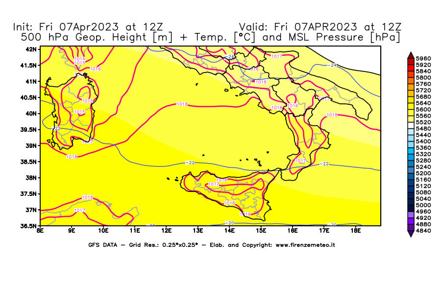 Mappa di analisi GFS - Geopotenziale [m] + Temp. [°C] a 500 hPa + Press. a livello del mare [hPa] in Sud-Italia
							del 07/04/2023 12 <!--googleoff: index-->UTC<!--googleon: index-->