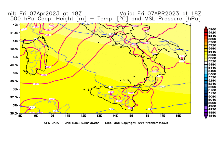Mappa di analisi GFS - Geopotenziale [m] + Temp. [°C] a 500 hPa + Press. a livello del mare [hPa] in Sud-Italia
							del 07/04/2023 18 <!--googleoff: index-->UTC<!--googleon: index-->