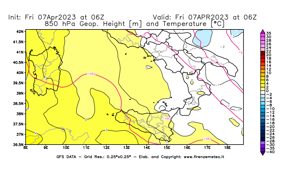 Mappa di analisi GFS - Geopotenziale [m] e Temperatura [°C] a 850 hPa in Sud-Italia
							del 07/04/2023 06 <!--googleoff: index-->UTC<!--googleon: index-->