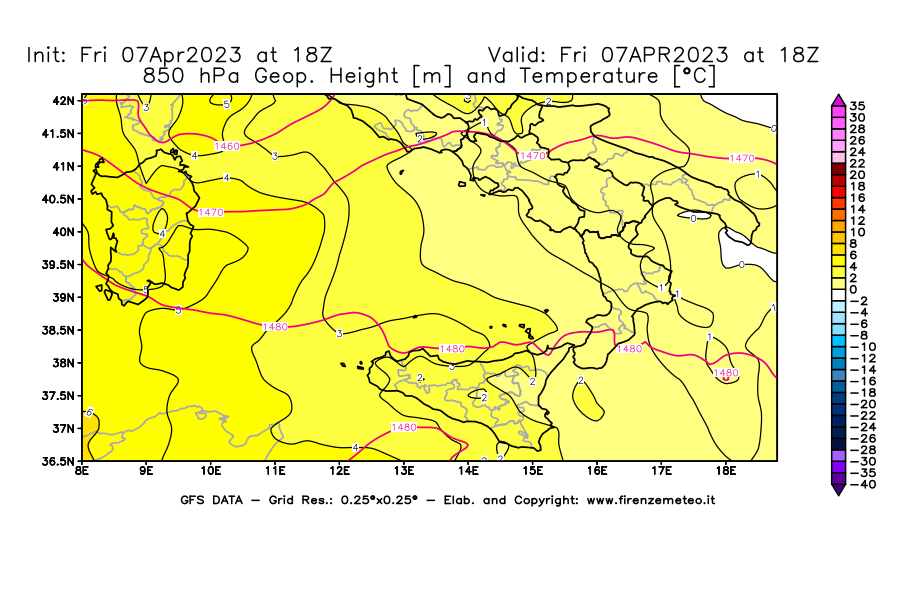 Mappa di analisi GFS - Geopotenziale [m] e Temperatura [°C] a 850 hPa in Sud-Italia
							del 07/04/2023 18 <!--googleoff: index-->UTC<!--googleon: index-->