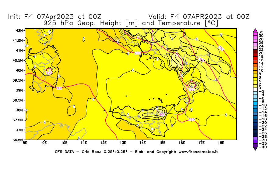Mappa di analisi GFS - Geopotenziale [m] e Temperatura [°C] a 925 hPa in Sud-Italia
							del 07/04/2023 00 <!--googleoff: index-->UTC<!--googleon: index-->