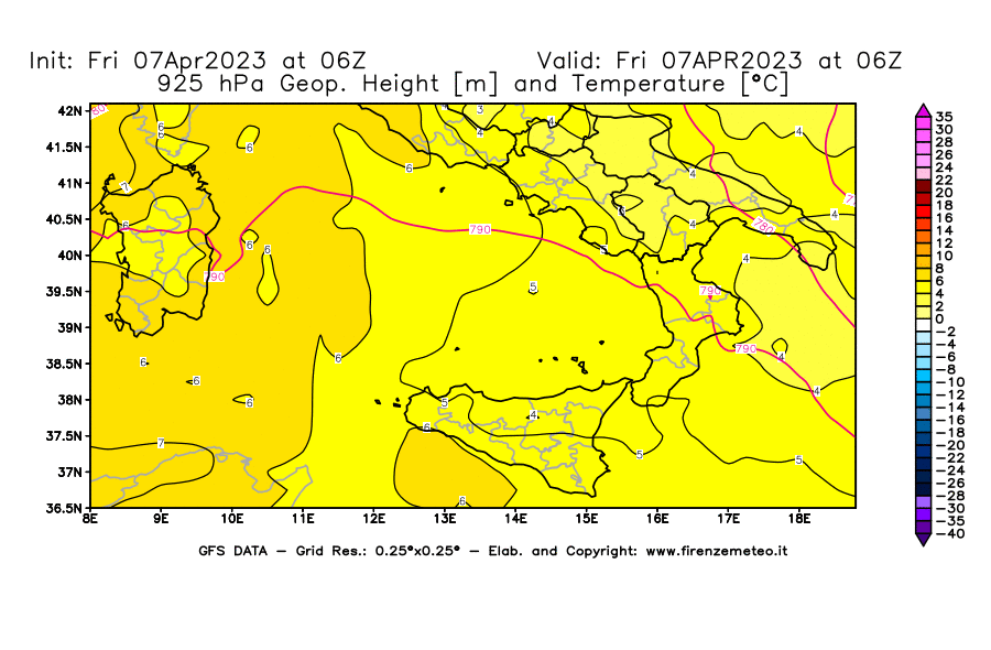 Mappa di analisi GFS - Geopotenziale [m] e Temperatura [°C] a 925 hPa in Sud-Italia
							del 07/04/2023 06 <!--googleoff: index-->UTC<!--googleon: index-->