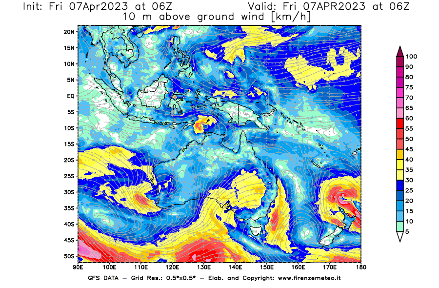 Mappa di analisi GFS - Velocità del vento a 10 metri dal suolo [km/h] in Oceania
							del 07/04/2023 06 <!--googleoff: index-->UTC<!--googleon: index-->