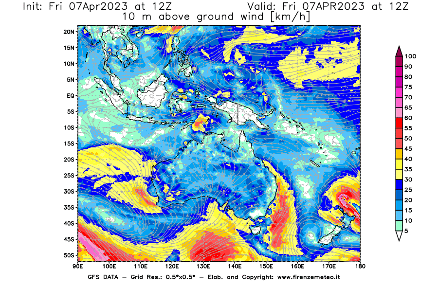 Mappa di analisi GFS - Velocità del vento a 10 metri dal suolo [km/h] in Oceania
							del 07/04/2023 12 <!--googleoff: index-->UTC<!--googleon: index-->