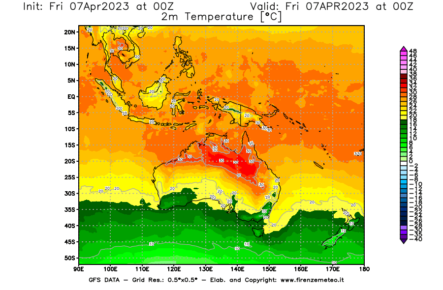 Mappa di analisi GFS - Temperatura a 2 metri dal suolo [°C] in Oceania
							del 07/04/2023 00 <!--googleoff: index-->UTC<!--googleon: index-->