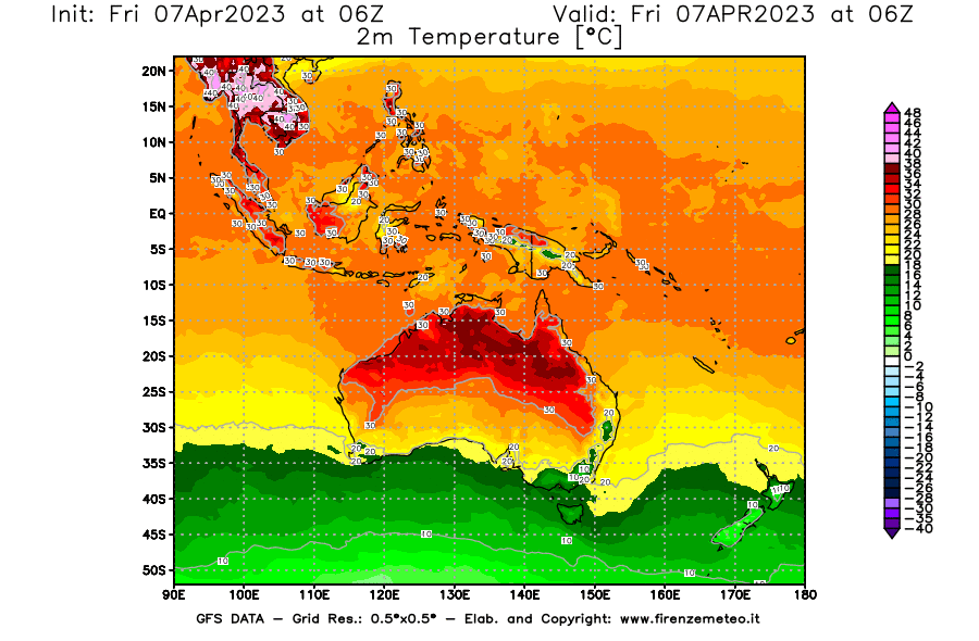 Mappa di analisi GFS - Temperatura a 2 metri dal suolo [°C] in Oceania
							del 07/04/2023 06 <!--googleoff: index-->UTC<!--googleon: index-->