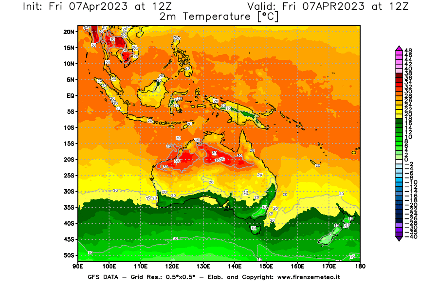 Mappa di analisi GFS - Temperatura a 2 metri dal suolo [°C] in Oceania
							del 07/04/2023 12 <!--googleoff: index-->UTC<!--googleon: index-->