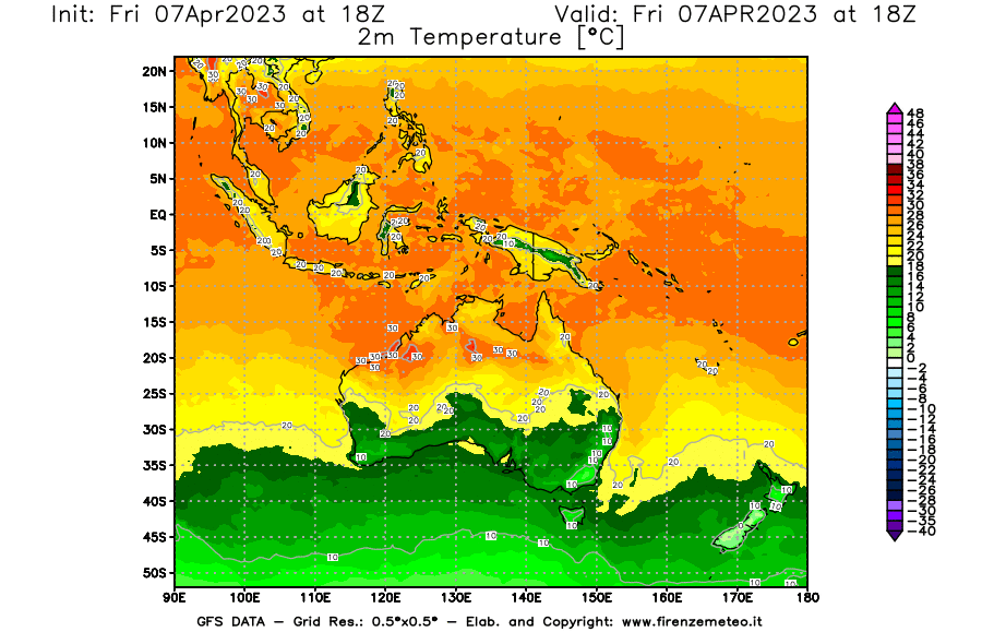 Mappa di analisi GFS - Temperatura a 2 metri dal suolo [°C] in Oceania
							del 07/04/2023 18 <!--googleoff: index-->UTC<!--googleon: index-->