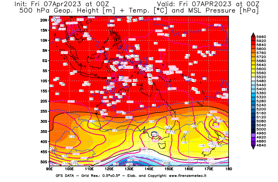 Mappa di analisi GFS - Geopotenziale [m] + Temp. [°C] a 500 hPa + Press. a livello del mare [hPa] in Oceania
							del 07/04/2023 00 <!--googleoff: index-->UTC<!--googleon: index-->