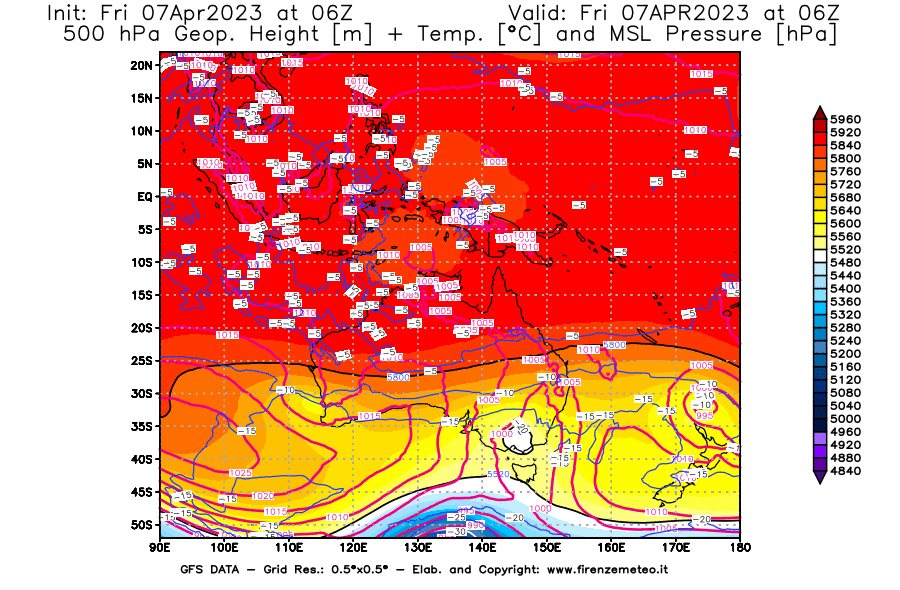 Mappa di analisi GFS - Geopotenziale [m] + Temp. [°C] a 500 hPa + Press. a livello del mare [hPa] in Oceania
							del 07/04/2023 06 <!--googleoff: index-->UTC<!--googleon: index-->