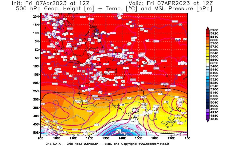 Mappa di analisi GFS - Geopotenziale [m] + Temp. [°C] a 500 hPa + Press. a livello del mare [hPa] in Oceania
							del 07/04/2023 12 <!--googleoff: index-->UTC<!--googleon: index-->