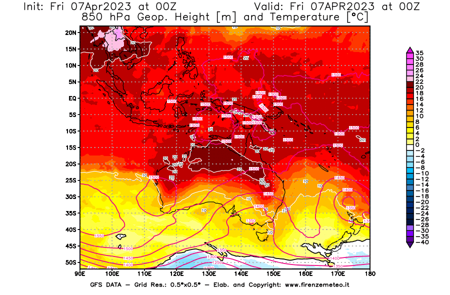 Mappa di analisi GFS - Geopotenziale [m] e Temperatura [°C] a 850 hPa in Oceania
							del 07/04/2023 00 <!--googleoff: index-->UTC<!--googleon: index-->
