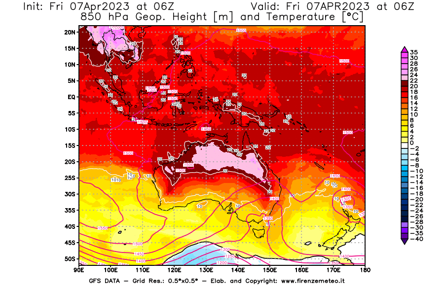 Mappa di analisi GFS - Geopotenziale [m] e Temperatura [°C] a 850 hPa in Oceania
							del 07/04/2023 06 <!--googleoff: index-->UTC<!--googleon: index-->