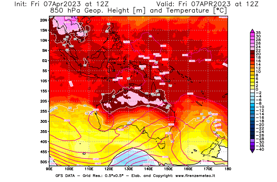 Mappa di analisi GFS - Geopotenziale [m] e Temperatura [°C] a 850 hPa in Oceania
							del 07/04/2023 12 <!--googleoff: index-->UTC<!--googleon: index-->