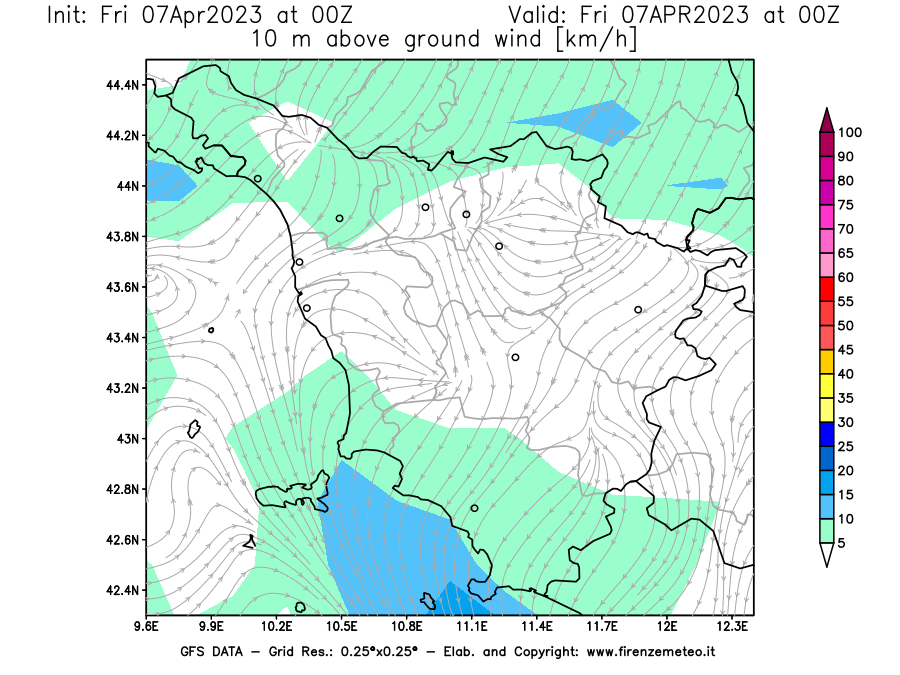 Mappa di analisi GFS - Velocità del vento a 10 metri dal suolo [km/h] in Toscana
							del 07/04/2023 00 <!--googleoff: index-->UTC<!--googleon: index-->